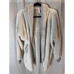 JOYS PUN Gray Teddy Fleece Hooded Open Front Cozy Cardigan Sweater Size S